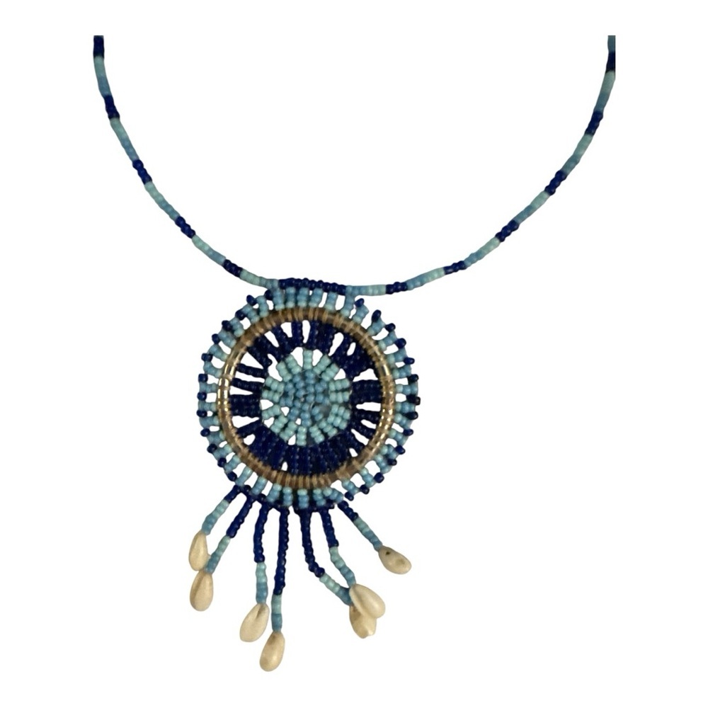 Navajo Dream Catcher Blue Beaded Necklace with shells 19 inches western - Picture 3 of 5